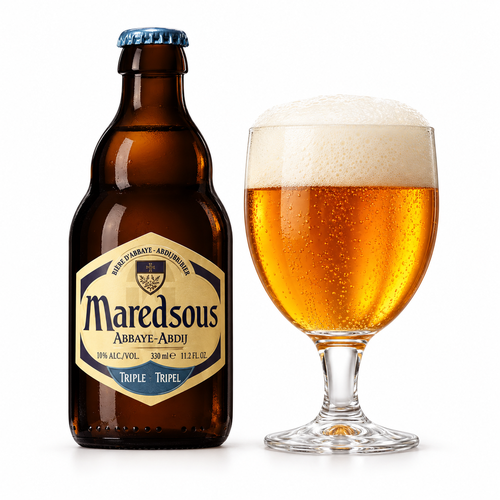 マレッツ・トリプルのラベル付きボトル全体とグラスに注いだビール