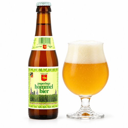 ポペリンフス ホメルビールのラベル付きボトル全体とグラスに注いだビール