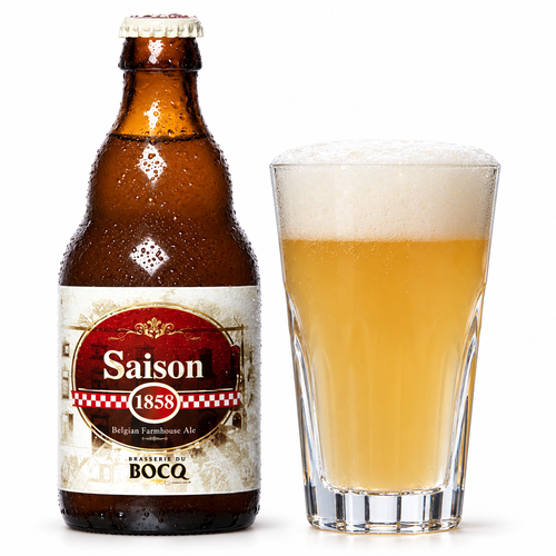 セゾン 1858のラベル付きボトル全体とグラスに注いだビール