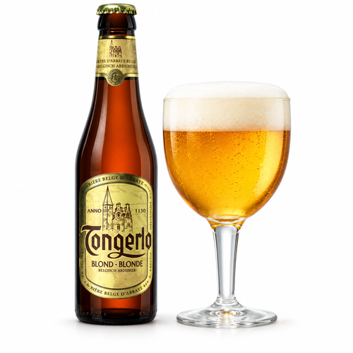 トンゲルロー ブロンドのラベル付きボトル全体とグラスに注いだビール