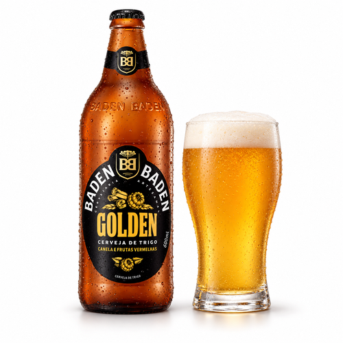 バーデンバーデン ゴールデンのラベル付き瓶全体とビールを注いだグラス(生成イメージ)