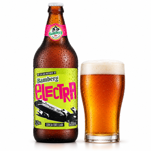 バンベルグ エレクトラのラベル付き瓶全体とビールを注いだグラス(生成イメージ)