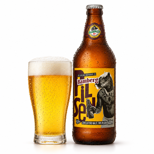 バンベルグ ピルゼンのラベル付き瓶全体とビールを注いだグラス(生成イメージ)