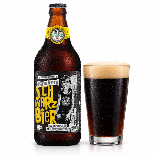 バンベルグ シュヴァルツビアのラベル付き瓶全体とビールを注いだグラス(生成イメージ)
