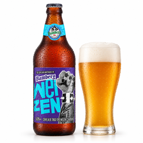 バンベルグ ヴァイツェンのラベル付き瓶全体とビールを注いだグラス(生成イメージ)