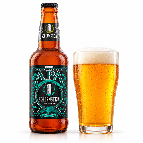 ショルンシュタイン APAのラベル付き瓶全体とビールを注いだグラス(生成イメージ)