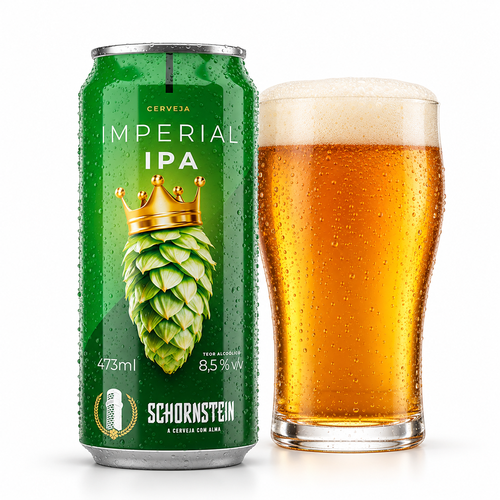 ショルンシュタイン インペリアルIPAのラベル付き缶全体とビールを注いだグラス(生成イメージ)