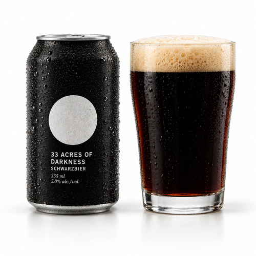 33エイカーズ・オブ・ダークネスのラベル付き缶全体とビールを注いだグラス(生成イメージ)