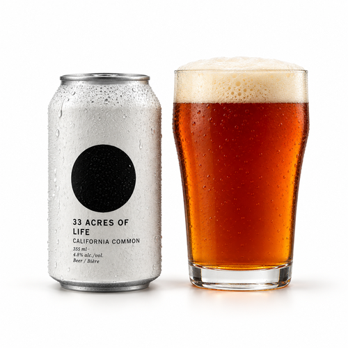 33エイカーズ・オブ・ライフのラベル付き缶全体とビールを注いだグラス(生成イメージ)