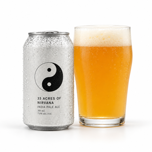 33エイカーズ・オブ・ニルヴァーナのラベル付き缶全体とビールを注いだグラス(生成イメージ)