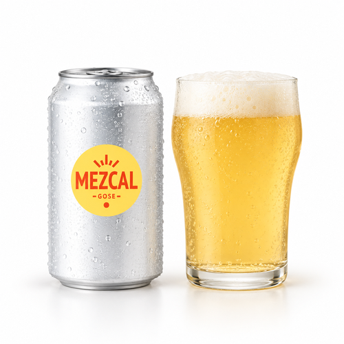 33ブリューイング・エクスペリメント メスカル・ゴーゼのラベル付き缶全体とビールを注いだグラス(生成イメージ)