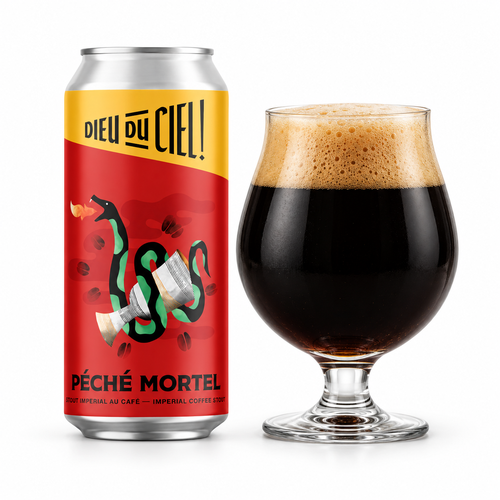 デュー・デュ・シエル ペシェ・モルテルのラベル付き缶全体とビールを注いだグラス(生成イメージ)