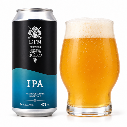 レ・トロワ・ムスケテール IPAのラベル付き缶全体とビールを注いだグラス(生成イメージ)
