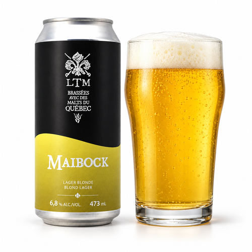 レ・トロワ・ムスケテール マイボックのラベル付き缶全体とビールを注いだグラス(生成イメージ)