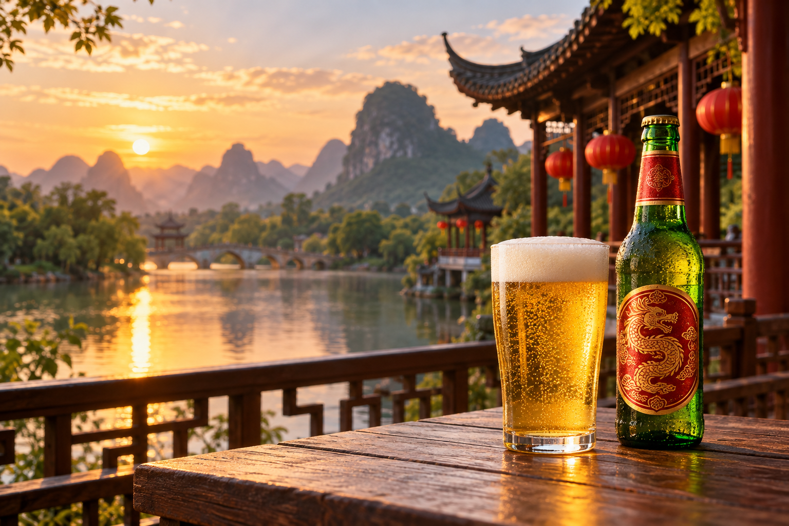 中国の湖畔の風景とビール(生成イメージ)