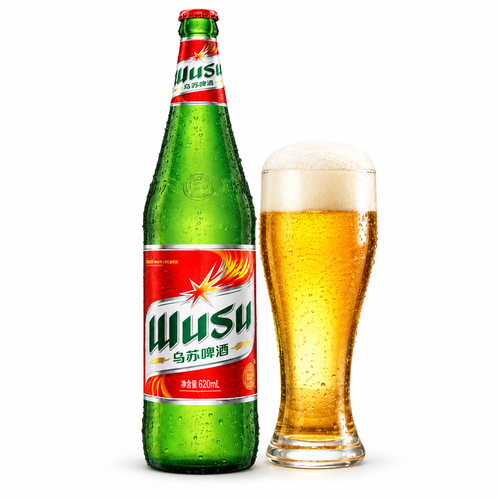烏蘇ビール レッドの瓶とグラス(生成イメージ)
