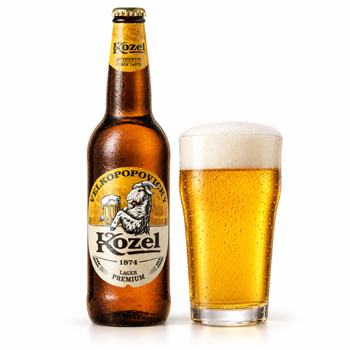 コゼル プレミアム・ラガーのラベル付き瓶と黄金色のビールを注いだグラス