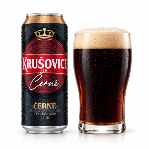 クルショヴィツェ チェルネーのラベル付き缶と濃い褐色のビールを注いだグラス