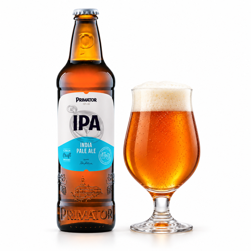 プリマートル IPAのラベル付き瓶と琥珀色のビールを注いだグラス