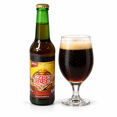 ロイヤルチェコビール・ブラックの商品イメージ（AI生成・ラベル付き容器）