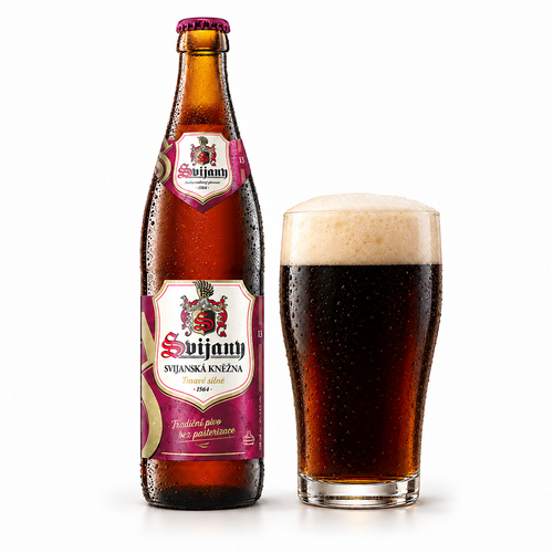 スヴィヤニ クニェジュナ 13のラベル付き瓶と濃い褐色のビールを注いだグラス