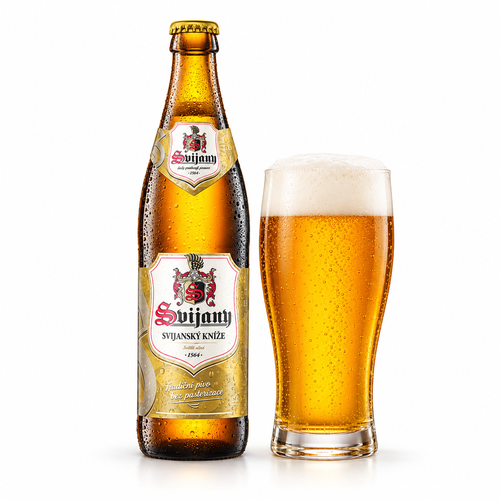 スヴィヤニ クニージェ 13のラベル付き瓶と黄金色のビールを注いだグラス