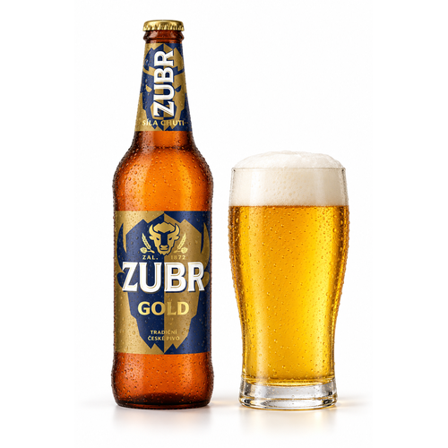 ズブル ゴールドのラベル付き瓶と黄金色のビールを注いだグラス