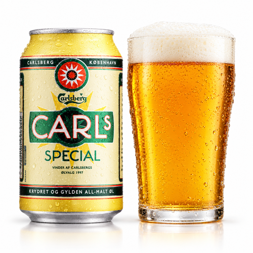カールスバーグ カールス スペシャルの缶とグラス（生成イメージ）