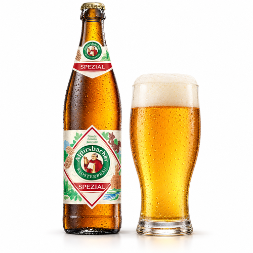 アルピルスバッハー スペツィアルのラベル付き瓶全体とビールを注いだグラス（生成イメージ）