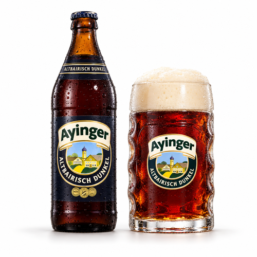 アインガー アルトバイリッシュ ドゥンケルのボトルと金茶色の輝きを帯びた深いマホガニー色のビールを注いだグラス