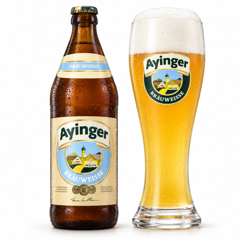 アインガー ブロイヴァイスのボトルと濁りのある明るい金色のビールを注いだグラス