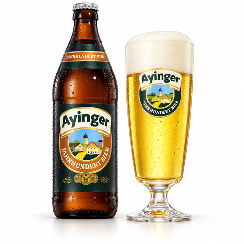 アインガー ヤーフンデルトのボトルと黄金色のビールを注いだグラス