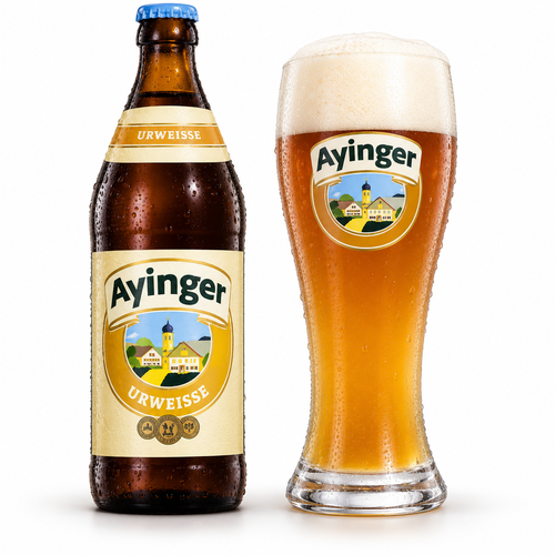 アインガー ウアヴァイセのボトルと琥珀色のビールを注いだグラス