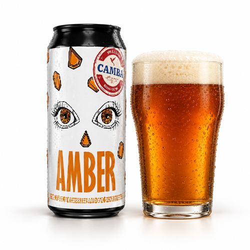 カンバ アンバーのラベル付き缶全体とビールを注いだグラス(生成イメージ)