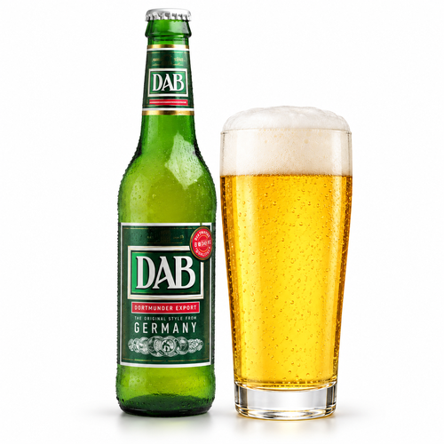 ダブ オリジナルのラベル付きボトル全体とグラスに注いだビール