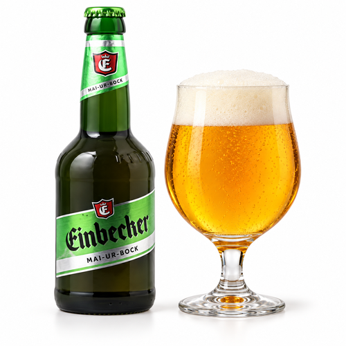 アインベッカー マイ・ウア・ボックのラベル付き瓶全体とビールを注いだグラス(生成イメージ)