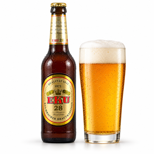 エク28のラベル付きボトル全体とグラスに注いだビール