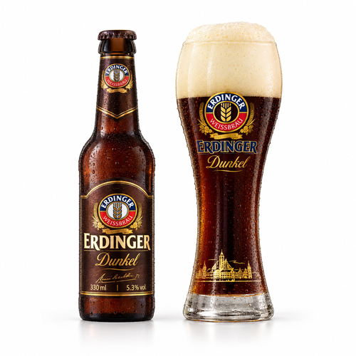 エルディンガー ドゥンケルのラベル付き瓶全体とビールを注いだグラス(生成イメージ)