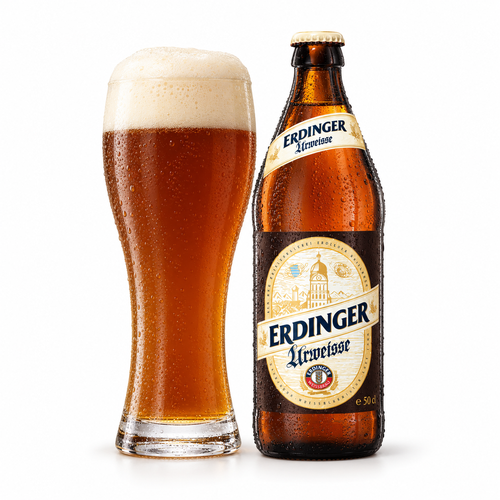 エルディンガー ウアヴァイセのボトルと濁りのある濃い琥珀色のビールを注いだグラス