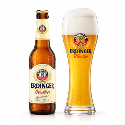 エルディンガー ヴァイスビアのラベル付き瓶全体とビールを注いだグラス(生成イメージ)