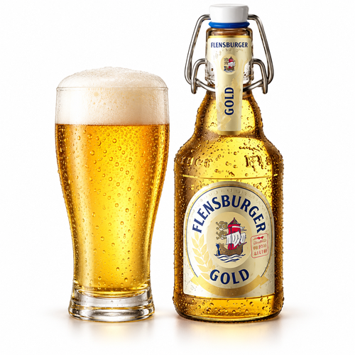 フレンスブルガー ゴールドのボトルと黄金色のビールを注いだグラス