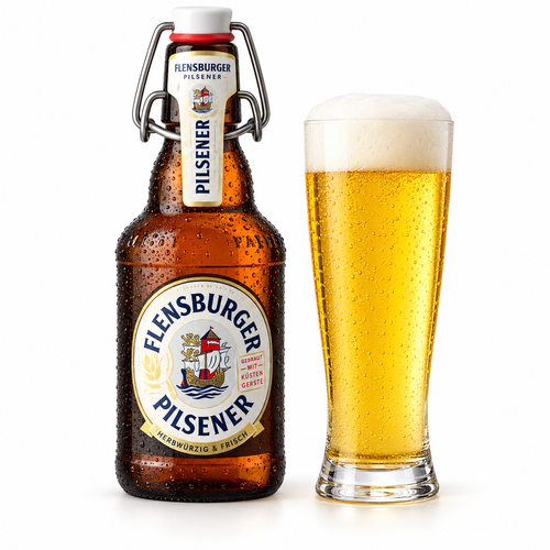 フレンスブルガー ピルスナーのボトルと黄金色のビールを注いだグラス