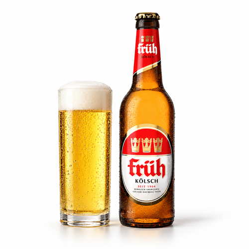フリュー ケルシュのボトルと淡い黄金色のビールを注いだグラス