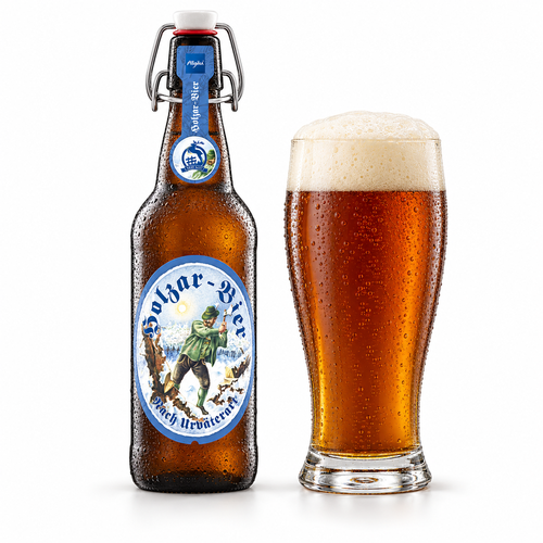 ヒルシュブロイ ホルツァービアのボトルと栗色のビールを注いだグラス