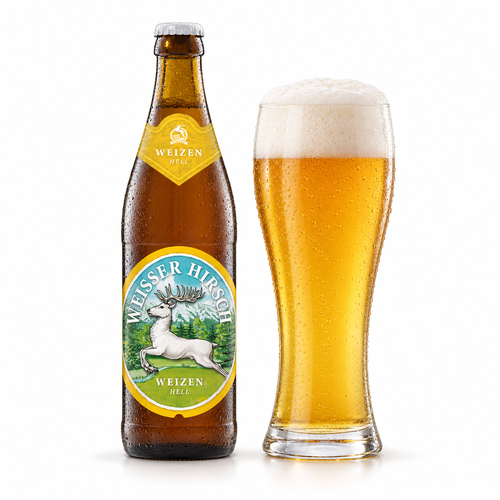 ヒルシュブロイ ヴァイサーヒルシュのボトルと麦わら色のビールを注いだグラス