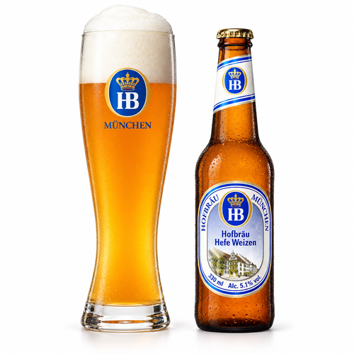 ホフブロイ ヘーフェ ヴァイツェンのラベル付き瓶全体とビールを注いだグラス（生成イメージ）