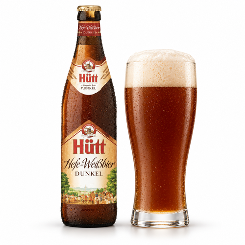 フュット ヘフェヴァイス ドゥンケルのラベル付きボトル全体とグラスに注いだビール
