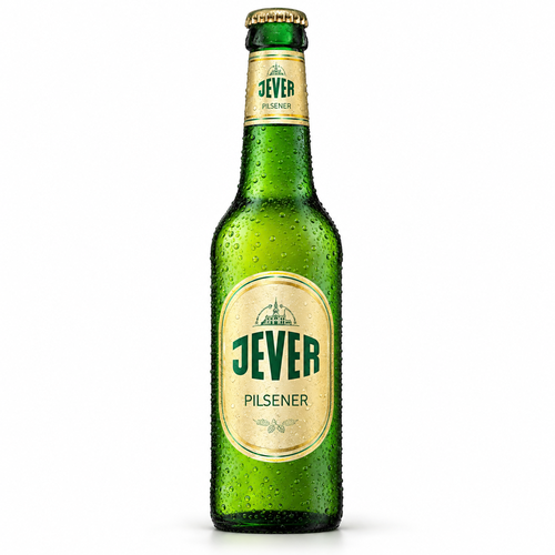 イェヴァー ピルスナーのラベル付き瓶全体とビールを注いだグラス（生成イメージ）