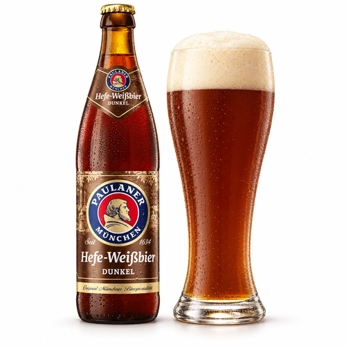 パウラーナー ヘフェヴァイスビア ドゥンケルのボトルと栗を思わせる濃い褐色のビールを注いだグラス