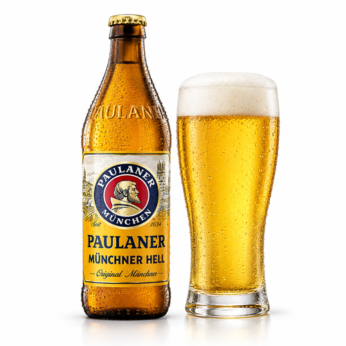 パウラーナー ミュンヘナー ヘルのラベル付き瓶全体とビールを注いだグラス（生成イメージ）